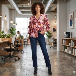 INVESTMENTS Ruffle Sleeve V-Neck Blouse - Pink Abstract Print - Size L